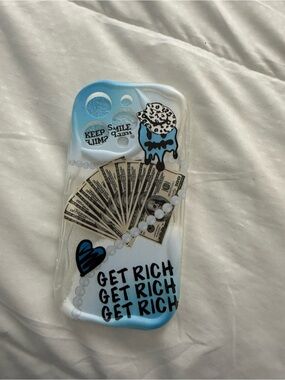 SHEIN IPhone 15 Pro Clear Phone Case with Blue Gradient, Money & 'Get Rich'
